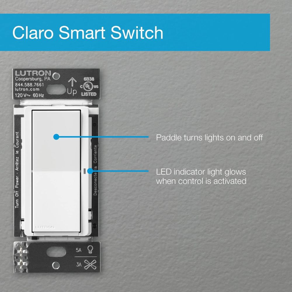 Lutron Caseta 120V 5A 1P Gloss White Rocker Control Claro Smart Switch, large image number 9