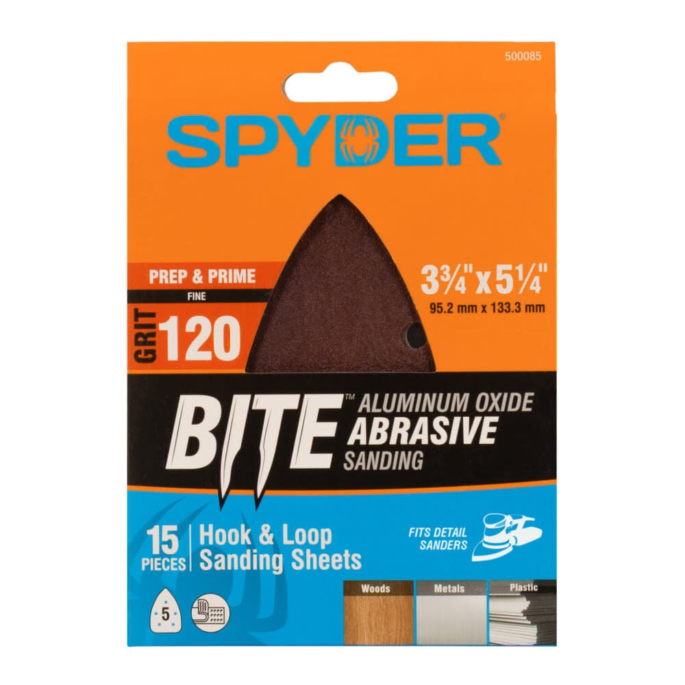 Spyder Detail Sander Sheets, 120 Grit Alum Oxide, 3.75 Inch x 5.25 Inch Mouse, 15 Pieces, large image number 1