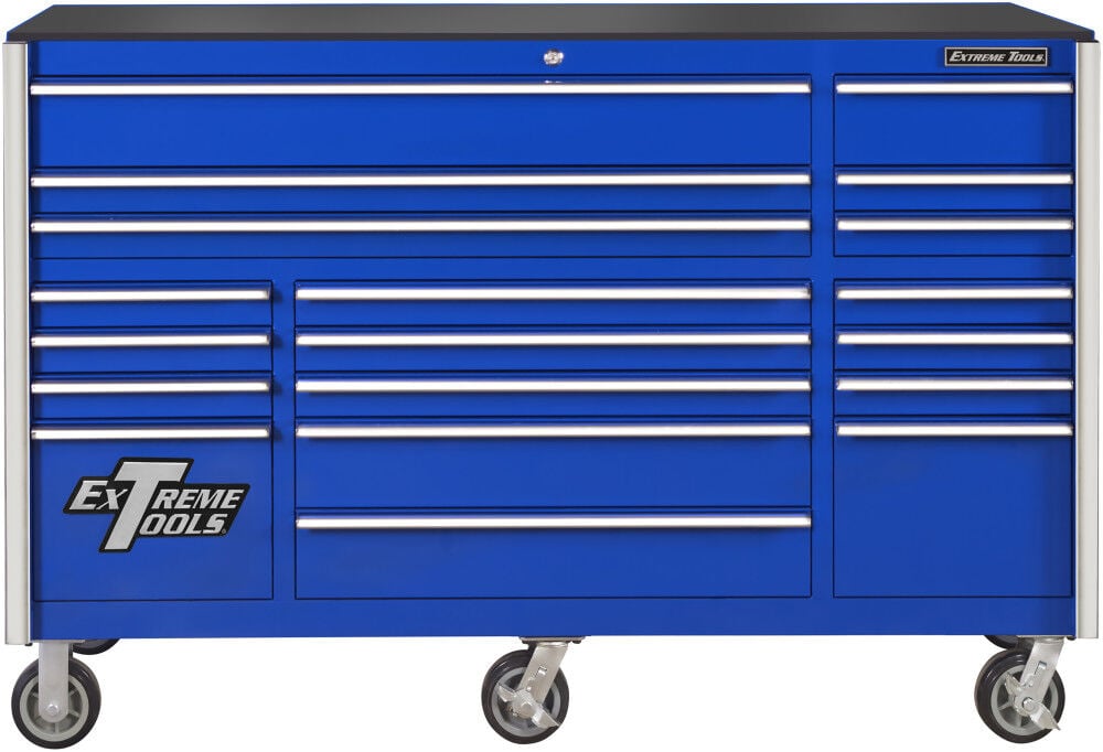 Extreme Tools RX Series 72 Inch W x 25 Inch D 19 Drawer Triple Bank Roller Cabinet 150 lb Slides with Chrome Drawer Pulls – RX722519RCBLCR-X