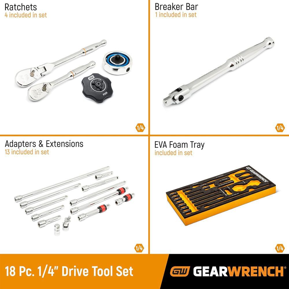 GEARWRENCH 16 Piece 1/2 Inch, 21 Piece 3/8 Inch, 18 Piece 1/4 Inch Ratchet and Drive Set Bundle, large image number 14