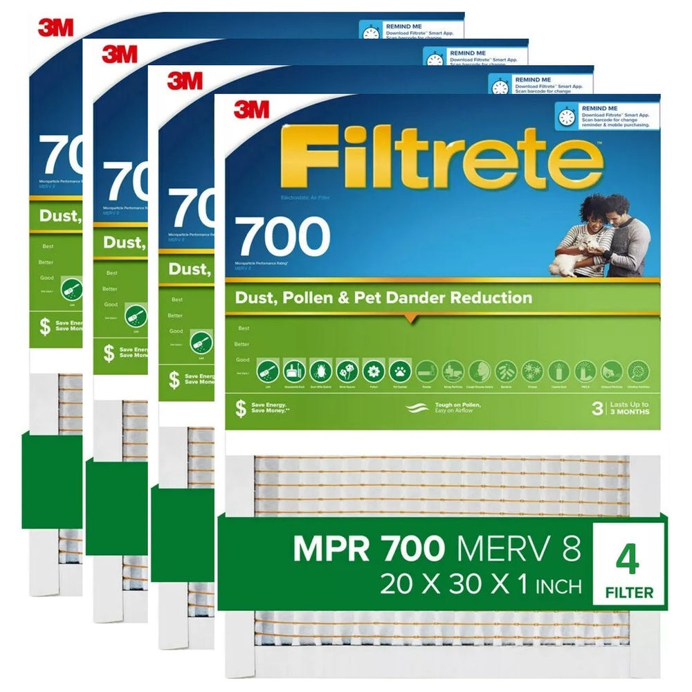 3M Filtrete 20 x 30 x 1-Inch 700 MPR MERV 8 Dust Reduction Furnace Air Filter, 4-Pack - 4021892-4 Pack