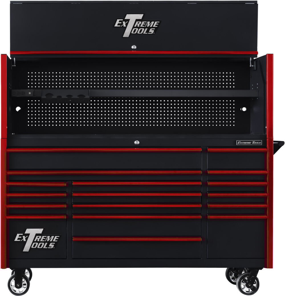 Extreme Tools DX Series 72 Inch W x 21 Inch D Extreme Power Workstation Hutch and 17 Drawer Roller Cabinet Combo Black with Drawer Pulls – DX7218HRKR