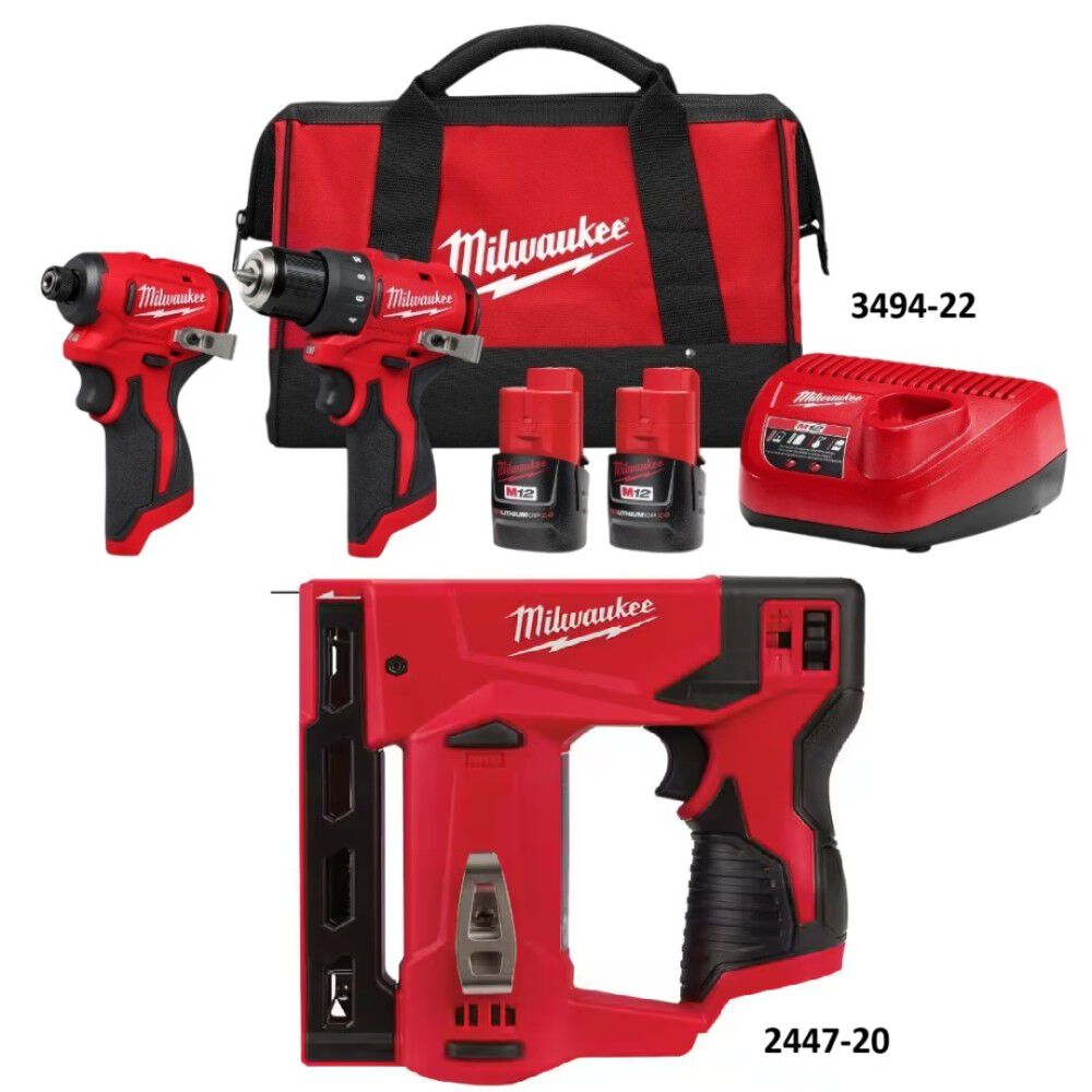 Milwaukee M12 Subcompact 2-Tool Combo Kit and 3/8 Inch Crown Stapler Bundle, large image number 2