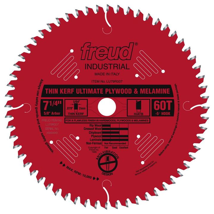 Freud 7-1/4 In. x 60T Thin Kerf Ultimate Plywood & Melamine Blade