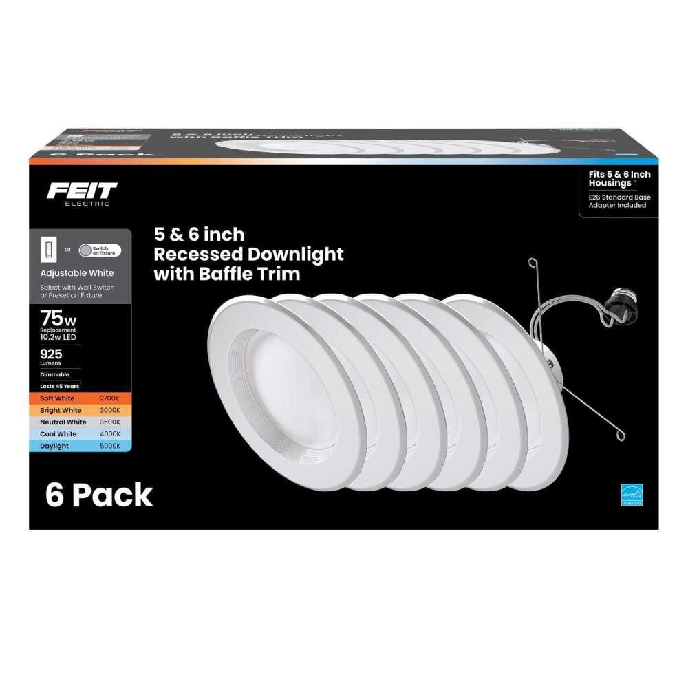Feit Electric 5/6 Inch 75W 925 Lumens Recessed LED Downlight White 6 Pieces – 3019406