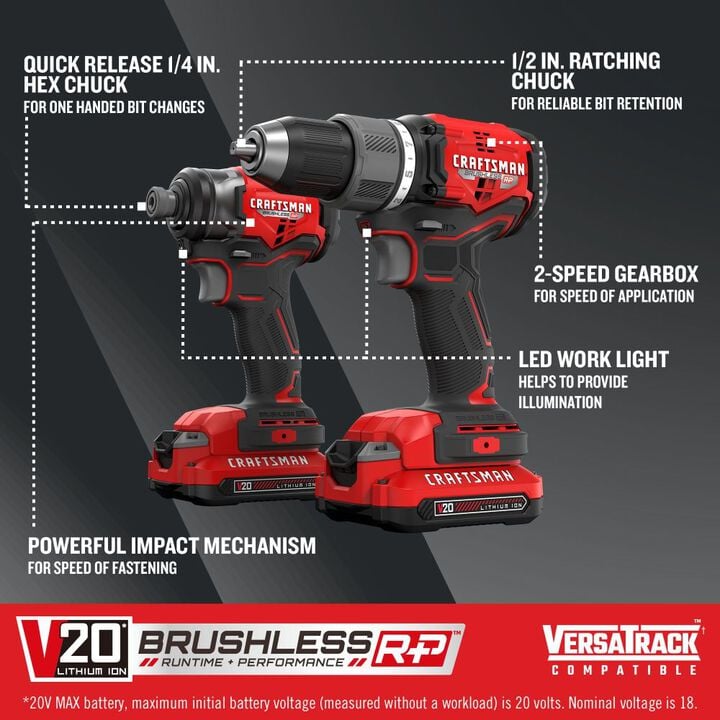 CRAFTSMAN V20 BRUSHLESS RP 2-Tool Combo Kit with 2 Batteries, large image number 1