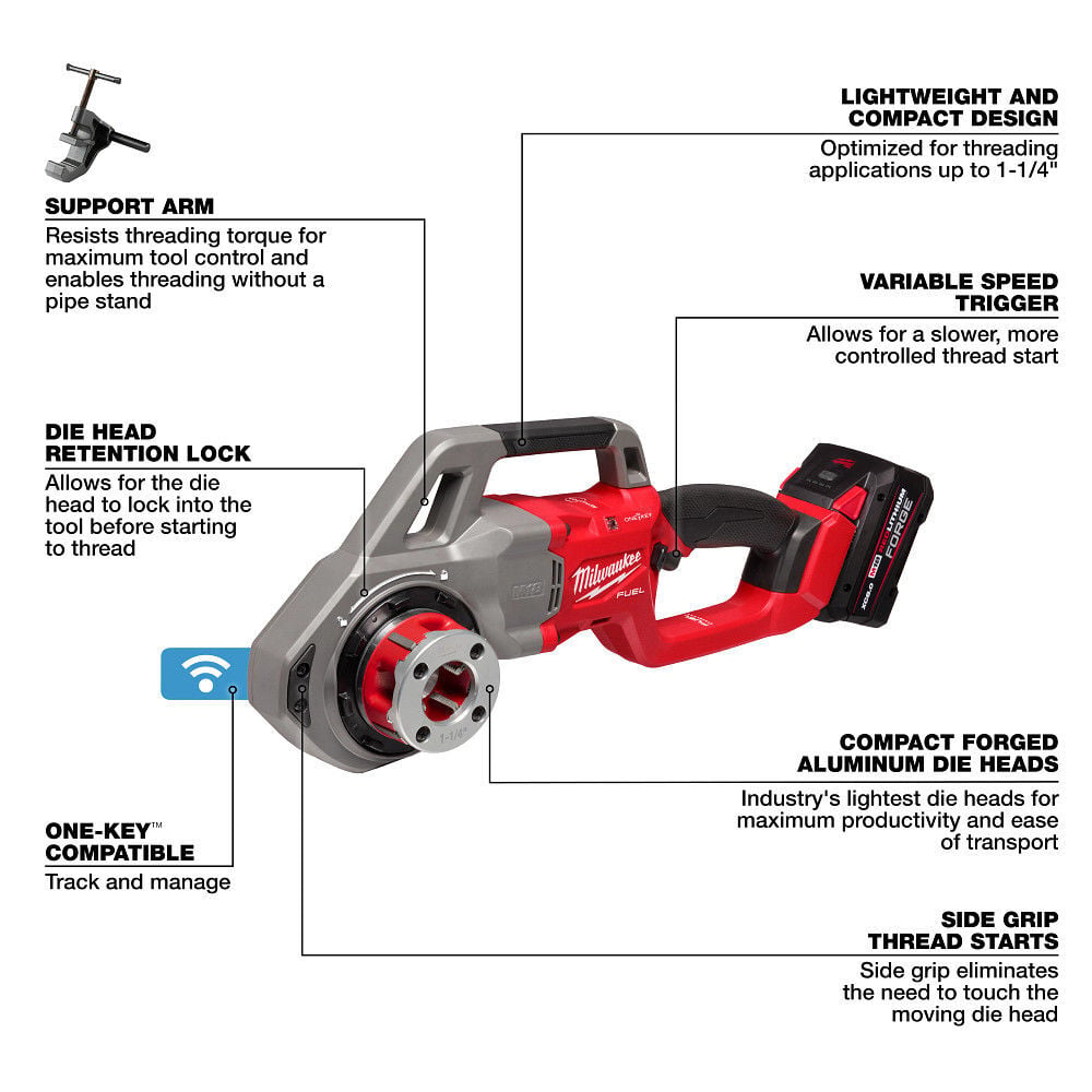 Milwaukee M18 FUEL Compact Pipe Threader ONE KEY with 1/2inch - 1 1/4inch Die Heads, large image number 7