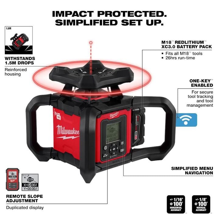 Milwaukee M18 Red Exterior Dual Slope Rotary Laser Level Kit with Receiver & Remote, large image number 1