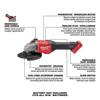 Milwaukee M18 FUEL 4-1/2 in.-6 in. Lock-On Braking Grinder with Slide Switch (Bare Tool), large image number 6