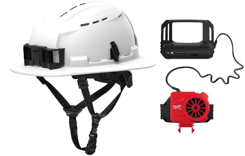 Milwaukee BOLT White Full Brim Vented Safety Helmet Type 2 Class C & Cooling Fan Bundle - MIL000011761