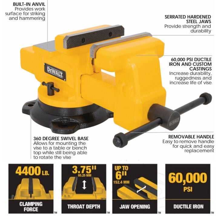 DEWALT 6 Inch Swivel Base Bench Vise with Anvil, large image number 4