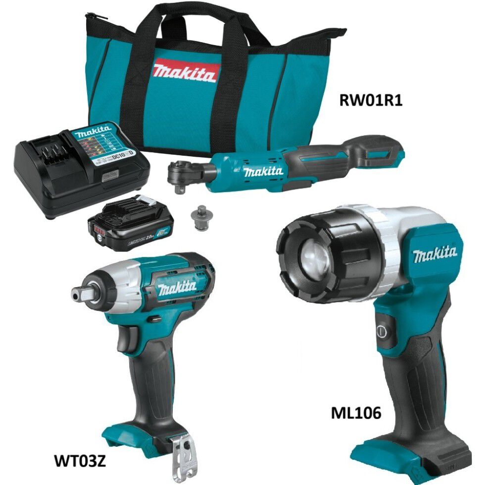 Makita 12V CXT Impact Wrench, Ratchet & Flashlight Kit Bundle, large image number 2
