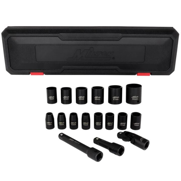 Milton 1/2 Drive Shallow 6-Point Impact Socket Set 11-30mm Metric Steel Coated Black Oxide Finish with Universal Joint & Extension Bars 17pc
