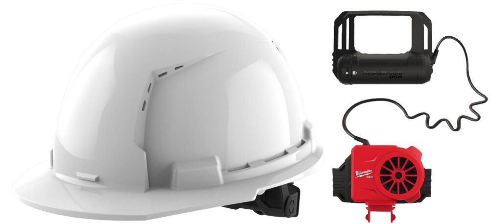 Milwaukee White Front Brim Vented Hard Hat with 6pt Ratcheting Suspension Type 1 Class C & BOLT USB Cooling Fan Bundle, large image number 1
