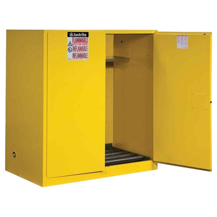 Justrite 110 Gallon Yellow Steel Manual Close Cabinet with Drum Rollers, large image number 0