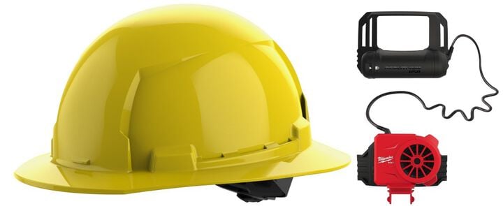 Milwaukee BOLT Yellow Full Brim Hard Hat with 4pt Ratcheting Suspension Type 1 Class E & USB Cooling Fan Bundle