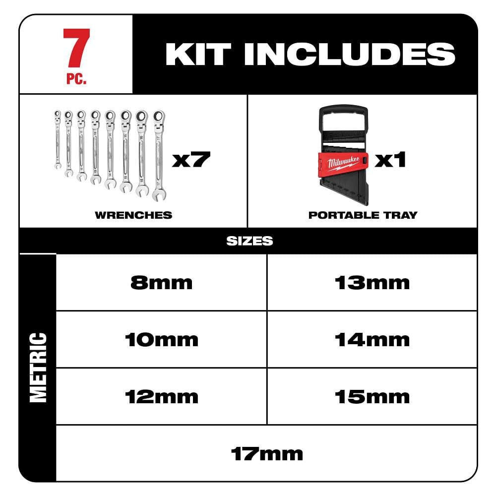 Milwaukee Combination Wrench Metric Flex Head Ratcheting Set 7pc 48 22 9529 - Image 2