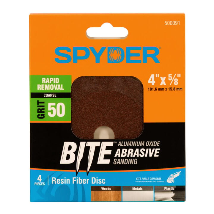 Spyder 4 Inch Resin Fiber Sanding Disc, 50 Grit Alum Oxide, 5/8 Inch Arbor 4 Pieces