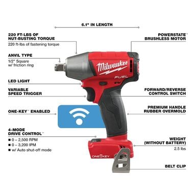 Milwaukee M18 FUEL 1/2 In. Compact Impact Wrench with Friction Ring with ONE-KEY, large image number 2