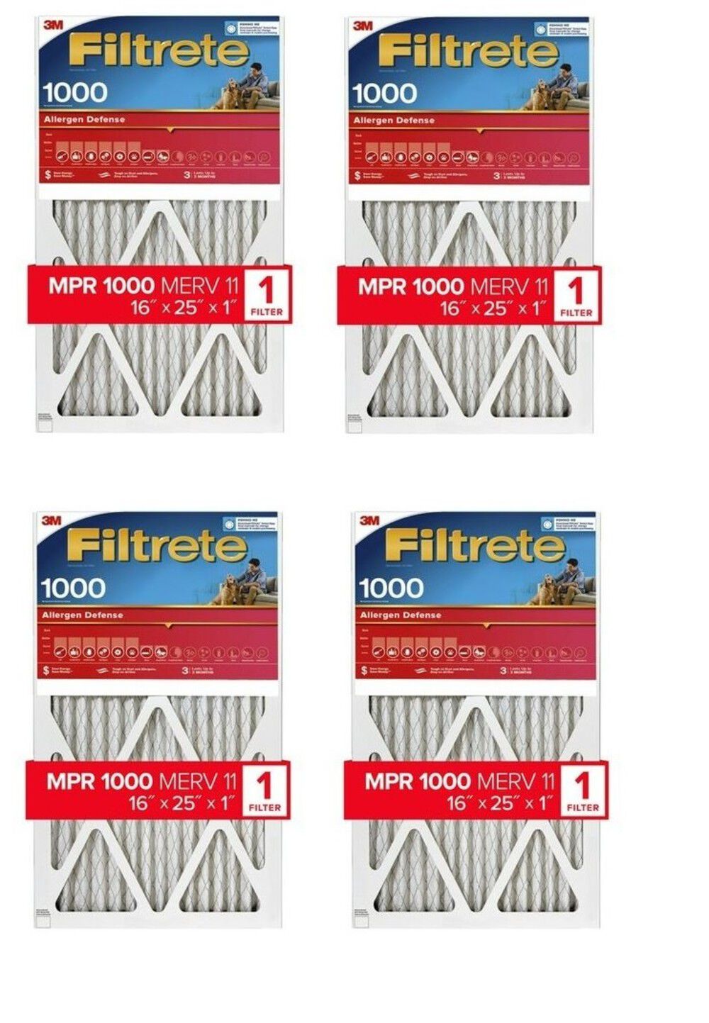 3M Filtrete 1000 MPR 16 x 25 x 1 Inch Allergen Defense Air Filter 4 Pack – 9801-4