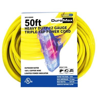 Duromax SJTW Lit Extension Power Cord 50' 12ga Triple Tap 100% Copper