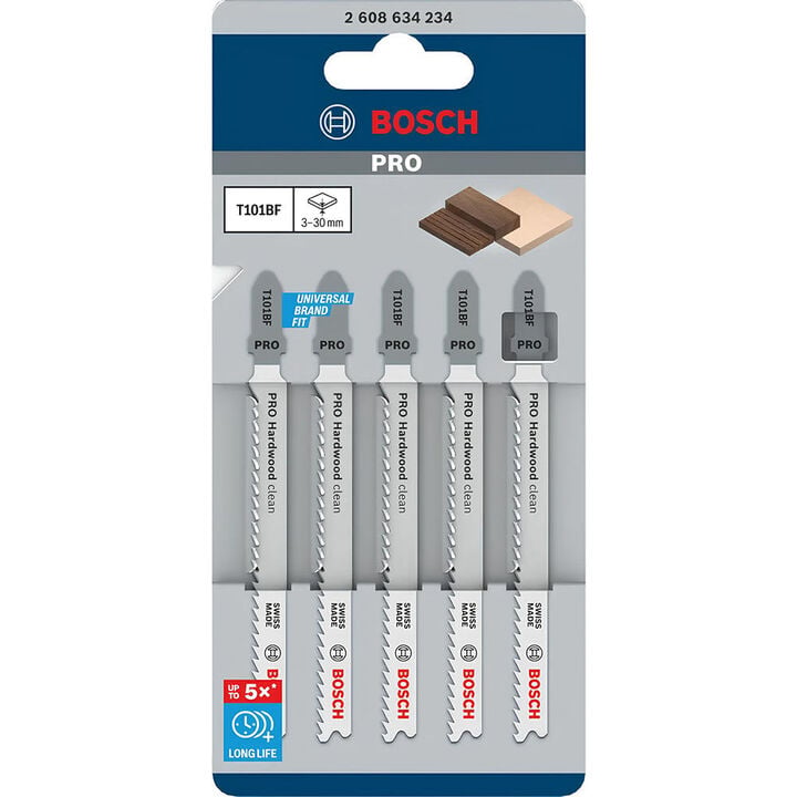 Bosch 4 Inch 10 TPI Variable Pitch Clean for Hardwood T-Shank Jig Saw Blades 5 Piece, large image number 0