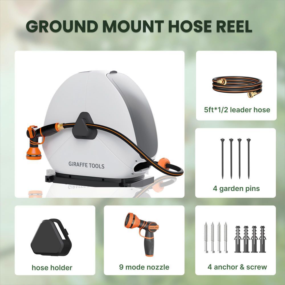Giraffe Tools Ground-Mounted Retractable Hose Reel1/2 Inch 100 Ft with 9 Mode Nozzle & Leader Hose, large image number 2