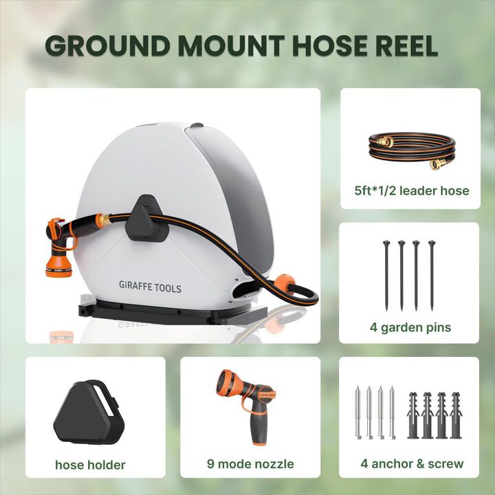 Giraffe Tools Ground-Mounted Retractable Hose Reel1/2 Inch 100 Ft with 9 Mode Nozzle & Leader Hose, large image number 1