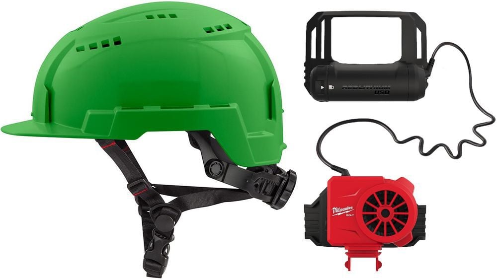 Milwaukee BOLT Green Front Brim Vented Helmet Class C & Cooling Fan Bundle, large image number 1