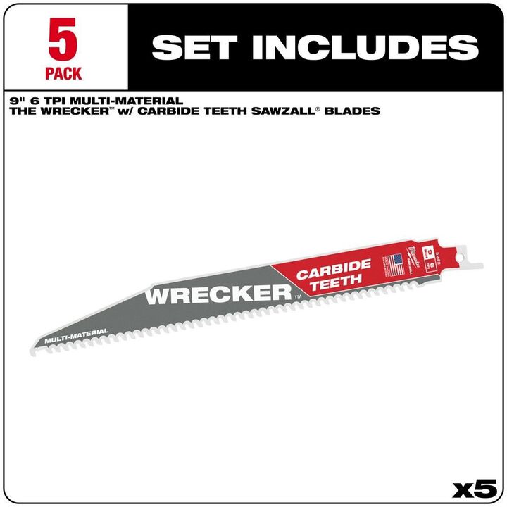 Milwaukee 9inch 6 TPI THE WRECKER with Carbide Teeth SAWZALL Blade 5PK, large image number 1