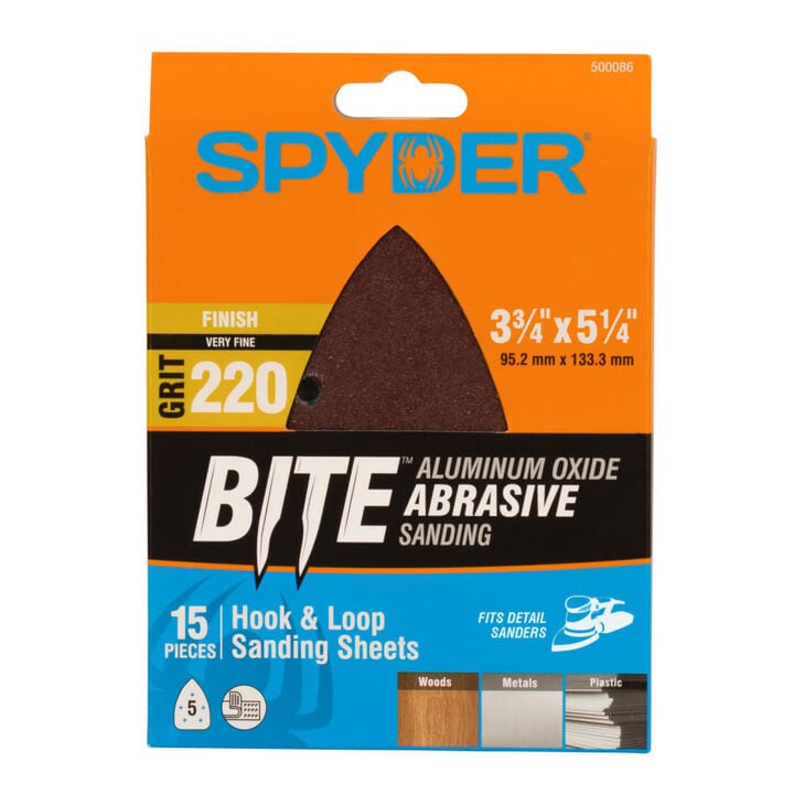 Spyder Detail Sander Sheets, 220 Grit Alum Oxide, 3.75 Inch x 5.25 Inch Mouse, 15 Pieces
