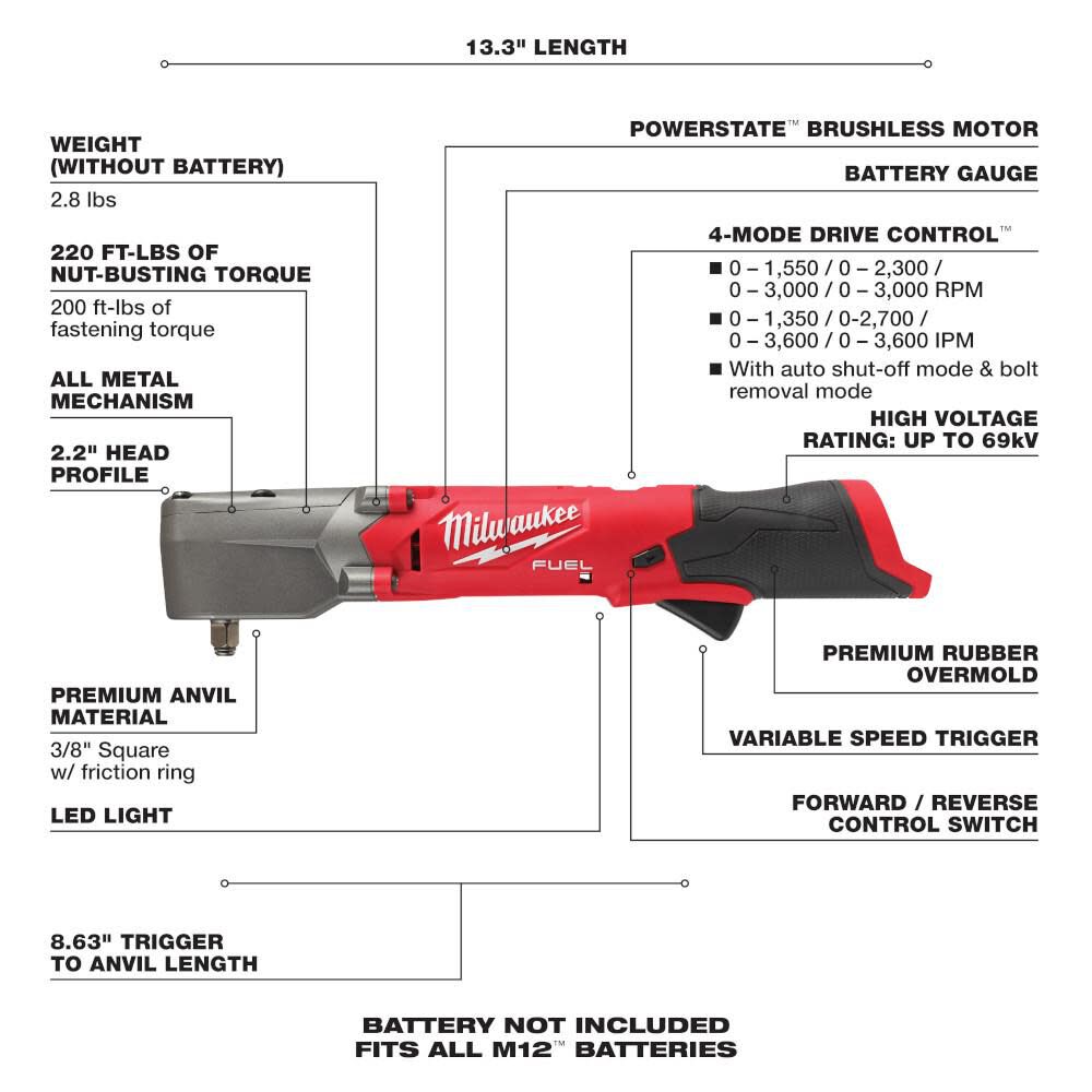 Milwaukee 2564-20 M12 Fuel 3/8 Right Angle Impact Wrench