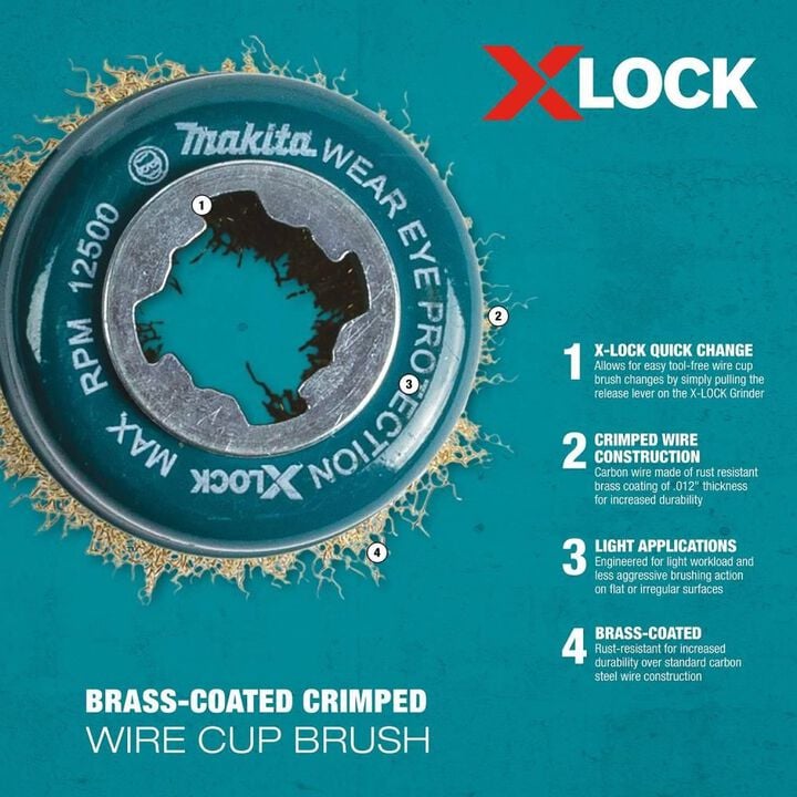Makita X-LOCK 3in Brass Coated Carbon Steel Crimped Wire Cup Brush, large image number 6