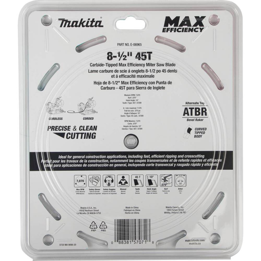 Makita Max Efficiency Miter Saw Blade 8 1/2in 45 Tooth Thin Kerf, large image number 2