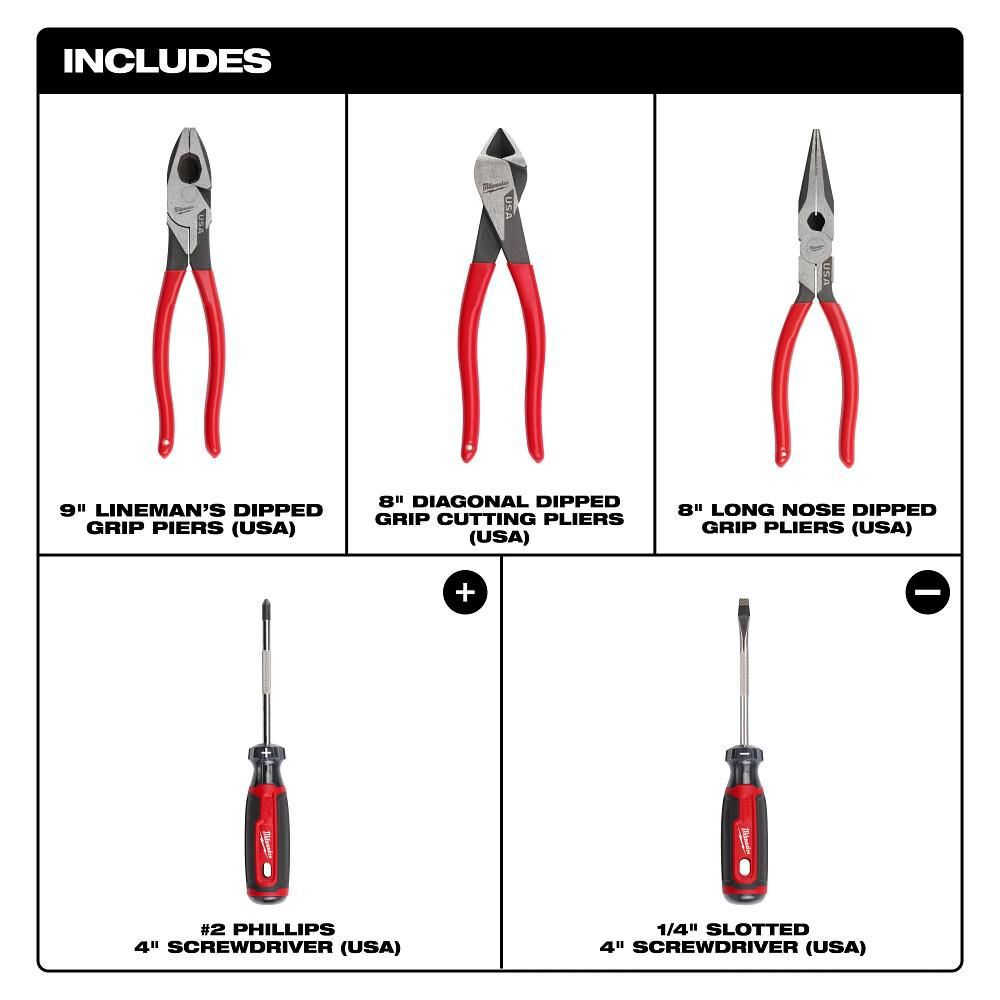Milwaukee Dipped Grip Cutting Pliers & Cushion Grip Screwdrivers Set (USA), 5 Pieces, large image number 3