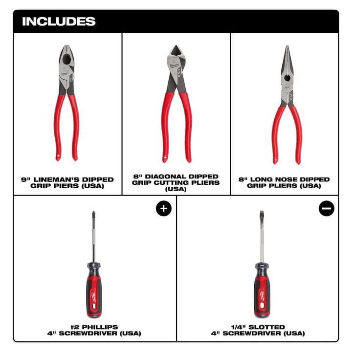 Milwaukee Dipped Grip Cutting Pliers & Cushion Grip Screwdrivers Set (USA), 5 Pieces, large image number 2