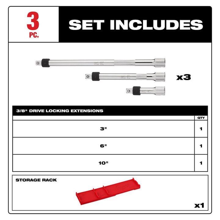 Milwaukee 3/8 Inch Drive Locking Extension Set, 3 Pieces, large image number 4