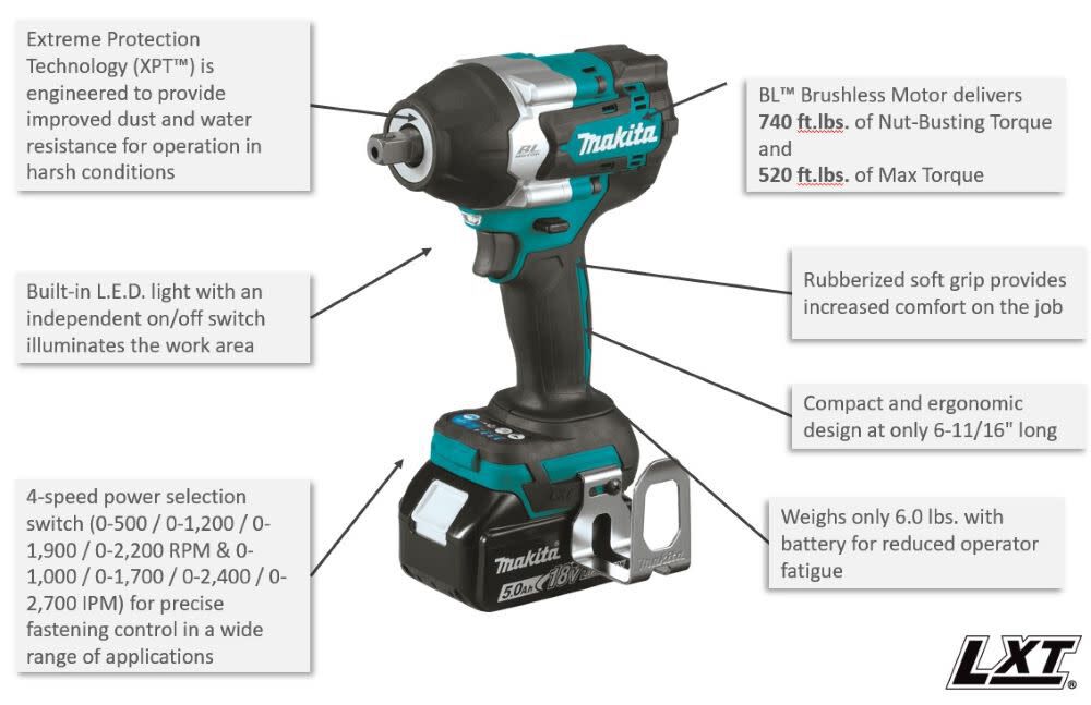 Makita 18V LXT 1/2in Sq Drive Impact Wrench with Detent Anvil (Bare Tool), large image number 2