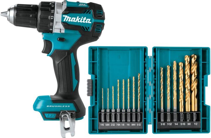 Makita 18 Volt LXT Lithium Ion Brushless Cordless 1/2 Inch Driver Drill (Tool Only) & Impact GOLD 14 Pc. Titanium Drill Bit Set Bundle