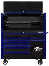 Extreme Tools DX Series 55 Inch W x 25 Inch D Extreme Power Workstation Hutch and 8 Drawer Roller Cabinet with Power Tool Drawer Black with Blue Drawer Pulls, small image number 1