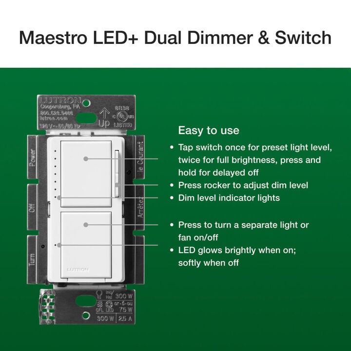 Lutron Maestro LED+ 120V 75W Gloss White Dual Control Tap Dimmer Switch, large image number 4