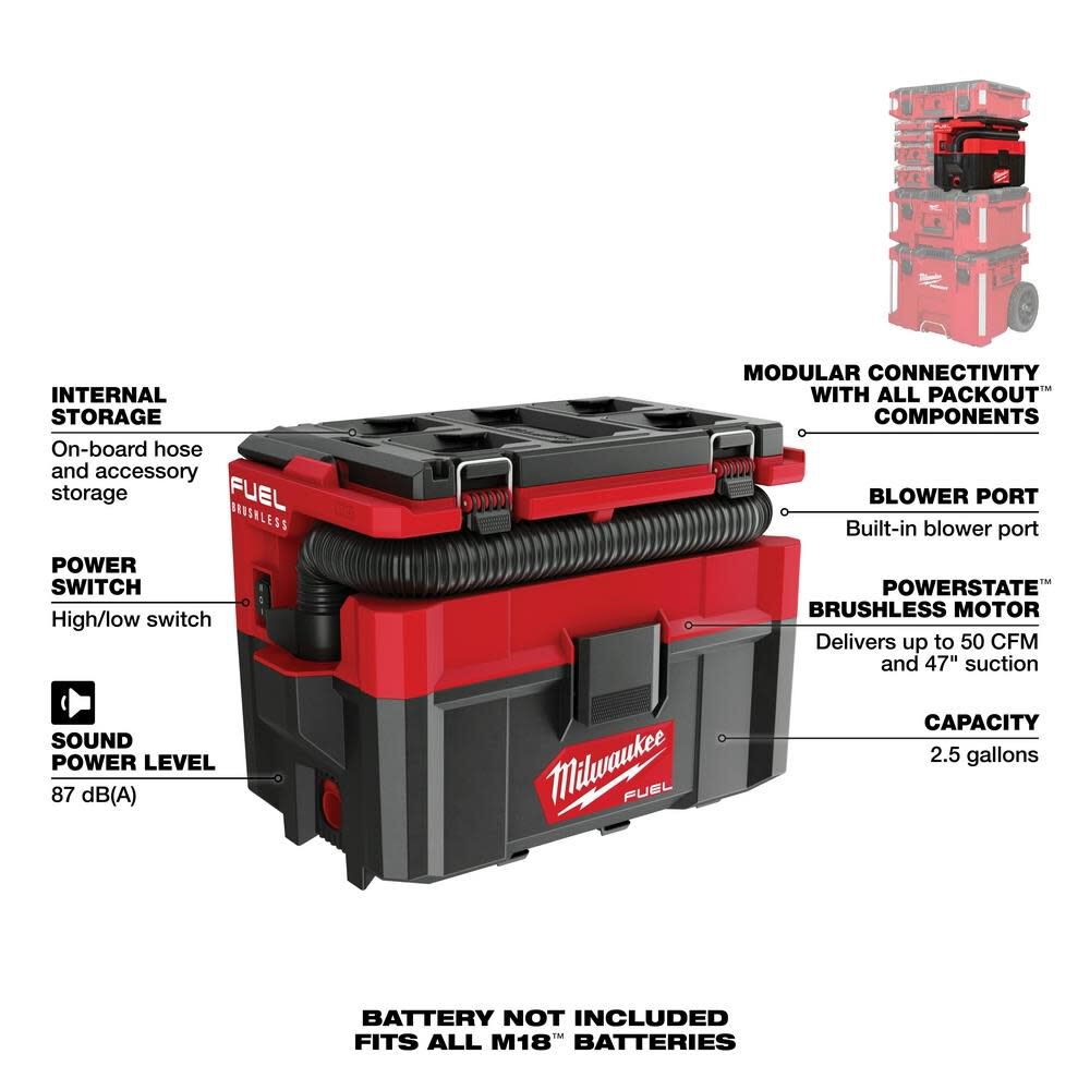Milwaukee M18 FUEL PACKOUT 2.5 Gallon Wet Dry Vacuum Bare Tool