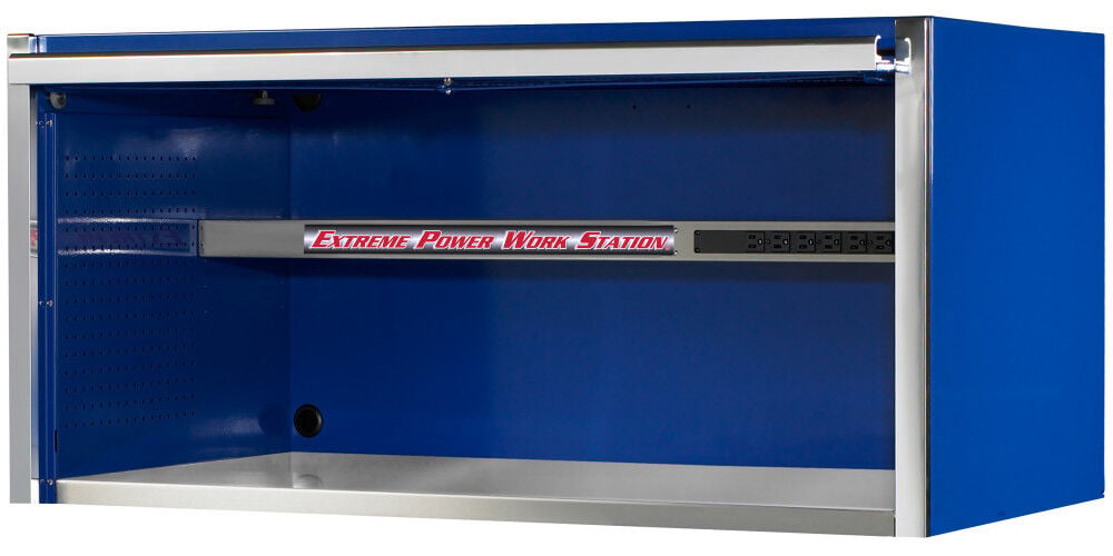 Extreme Tools EXQ Series 55 Inch W x 30 Inch D Professional Extreme Power Workstation Hutch Blue with Chrome Handle, large image number 1