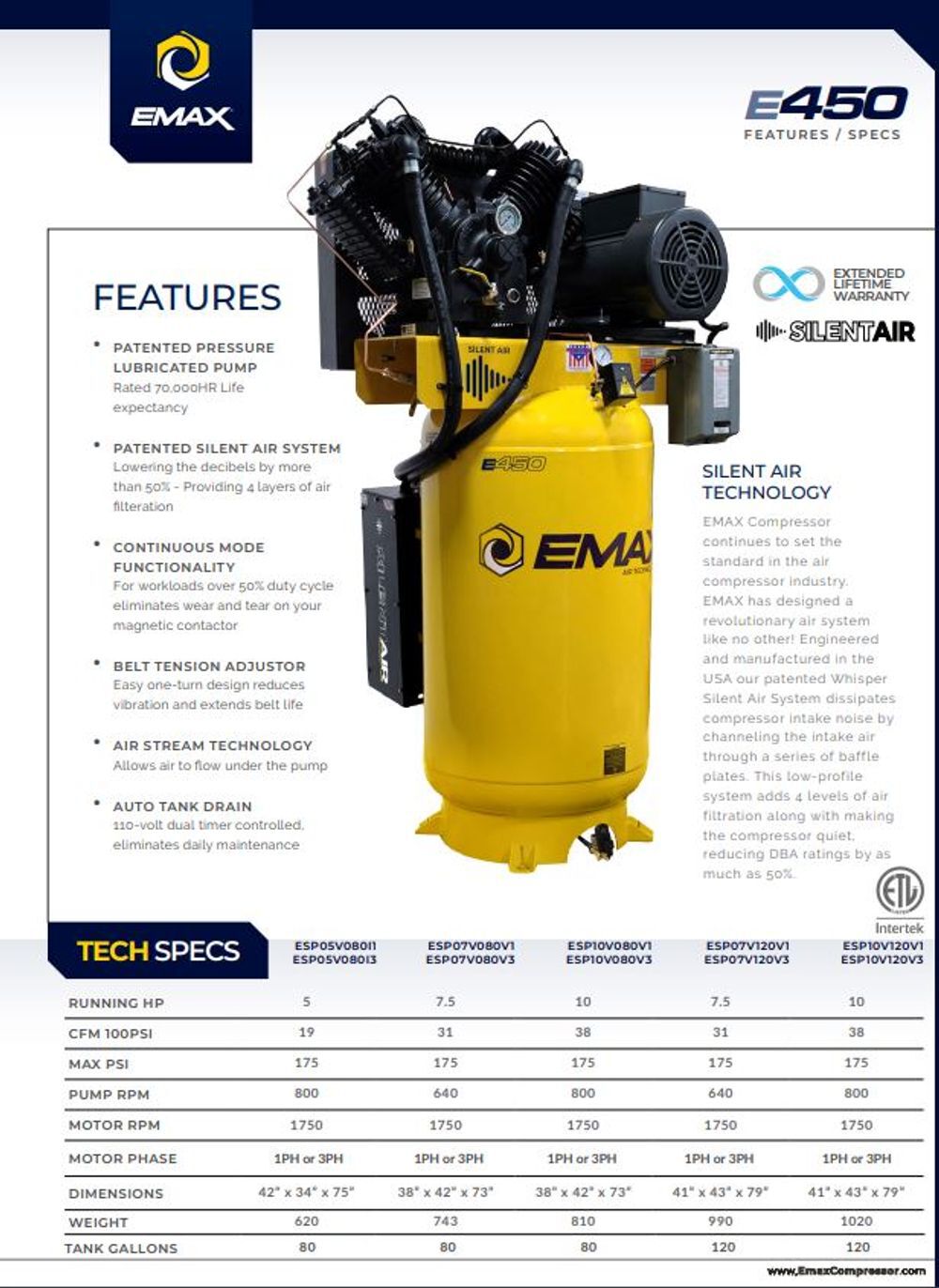 EMAX 120 Gallon 175 Psi 230V 1-Phase 10HP V4 Vertical Air Compressor, large image number 2