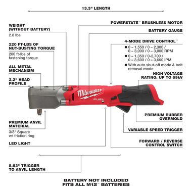 Milwaukee M12 FUEL 3/8inch Right Angle Impact Wrench (Bare Tool), large image number 6