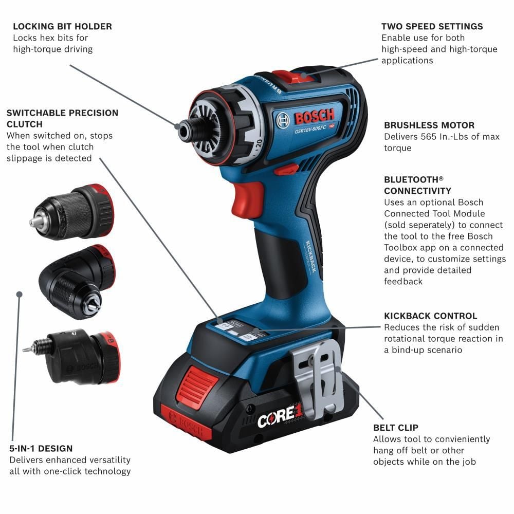 Bosch 18V Drill/Driver with 5-In-1 Flexiclick System and 2pk CORE18V 4 Ah Advanced Power Battery, large image number 2