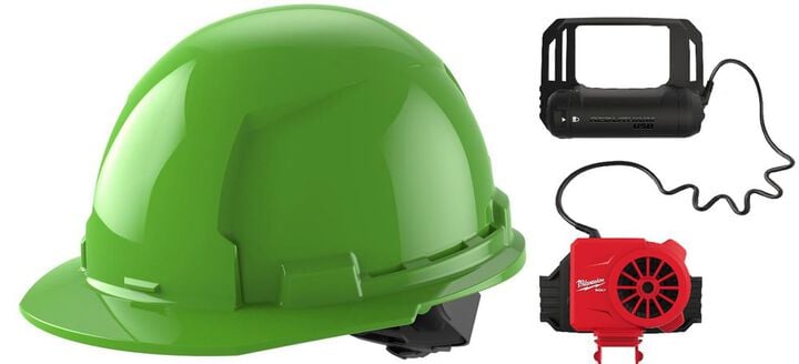 Milwaukee Front Brim Hard Hat with 4pt Ratcheting Suspension Type 1 Class E & BOLT USB Cooling Fan Green