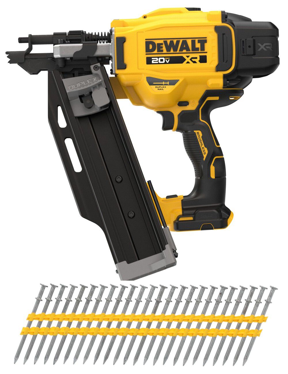DEWALT 20V Max XR 21 Degree Plastic Collated Duplex Nailer (Bare Tool) and 8D 2-3/4 Inch x 0.131 Inch Collated Duplex Nail Bundle – DEW000011438