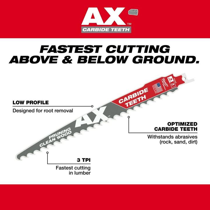 Milwaukee 6inch 3 TPI The AX with Carbide Teeth for Pruning & Clean Wood SAWZALL Blade 3PK, large image number 5