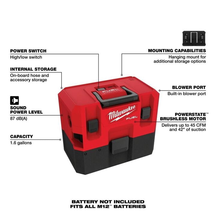 Milwaukee M12 FUEL 1.6 Gallon Wet/Dry Vacuum (Bare Tool), large image number 6